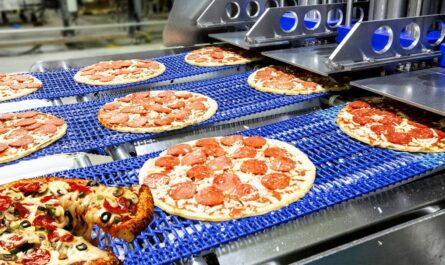High speed production line for frozen, baked and ready-to-eat pizza